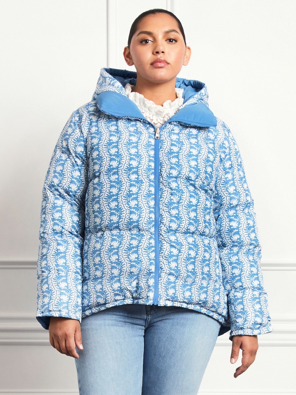 Hill House Light Blue & White Printed Hooded Puffer